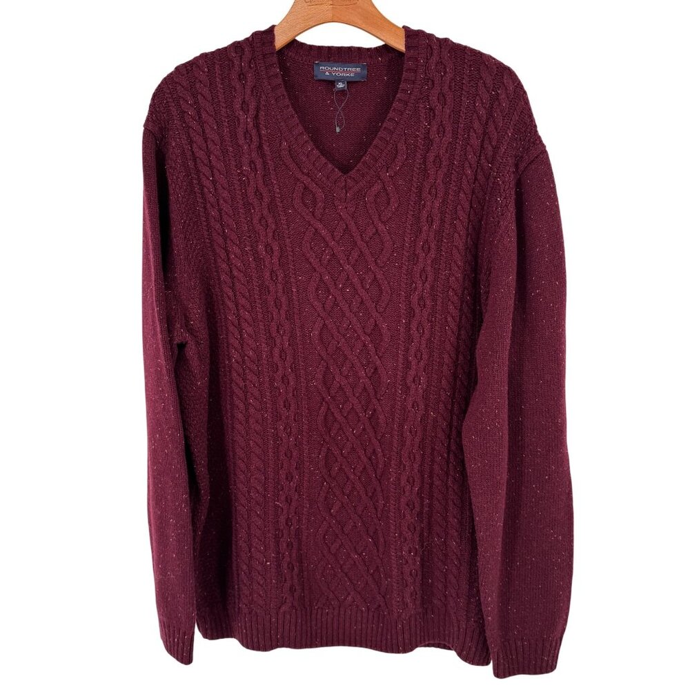 Roundtree & Yorke mens Burgundy Cable  V-Neck Sweater size XL Cotton Wool new